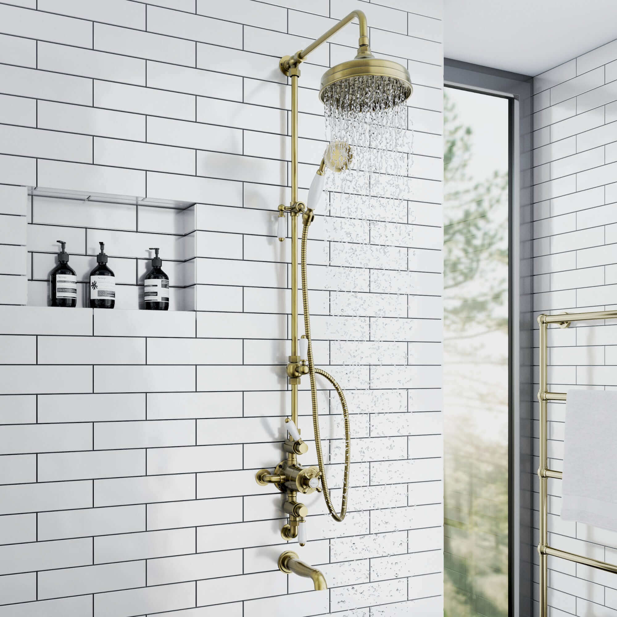 Buy Downton Exposed Traditional Thermostatic Shower Set 3 Outlet, Incl. Triple Shower Valve, Rigid Riser Rail, 200mm Shower Head, Handset & Bath Filler - Antique Brass Online UK | HOUSE OF ENKI